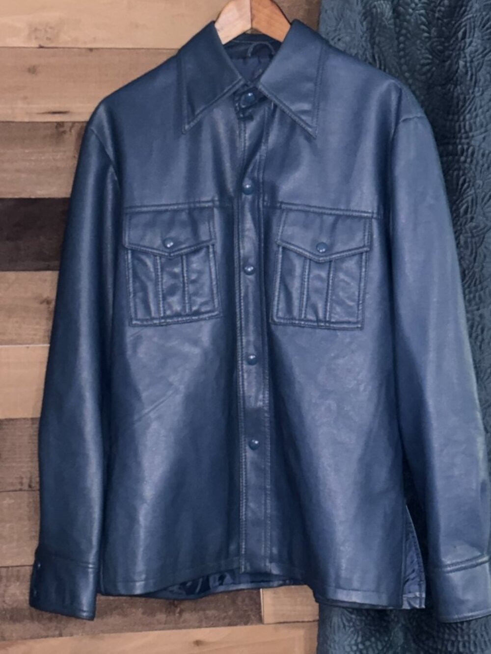 Vintage Cortini Men's Size L Teal Blue Faux Leather Snap Front Shacket Jacket